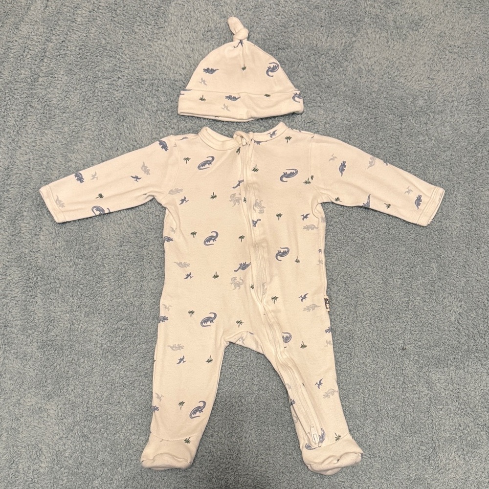 Cream Footed Baby One-Piece with Blue Animal Print and Matching Hat